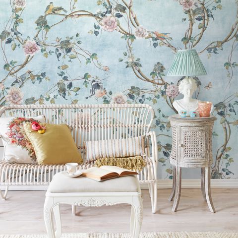 Watercolor Chinoiserie Floral Peony Blossom Wallpaper Mural