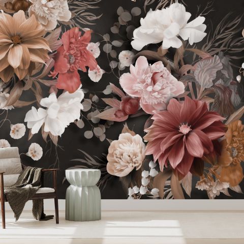 Realistic Dark Floral Wallpaper Mural
