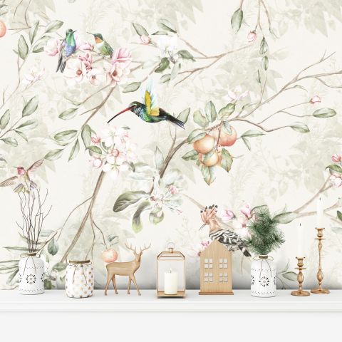 Vintage Blossoms With Birds Wallpaper Mural