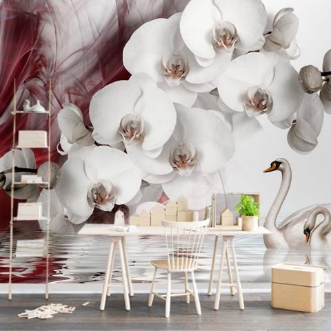 Swan and White Orchid with Red Smoke Pattern Wallpaper Mural