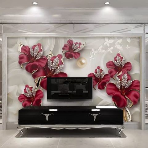 Crystal Red Floral Art Wallpaper Mural