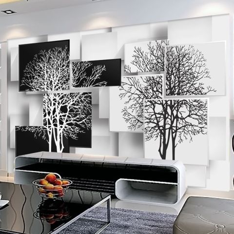Black White Tree with Abstract Cube Wallpaper Mural