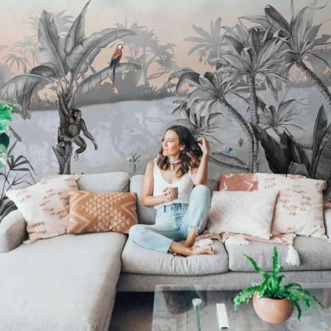 Colorful Parrot and Cute Monkey with Soft Forest Wallpaper Mural