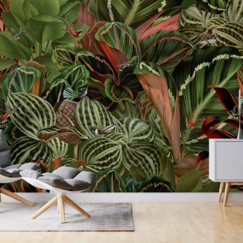 Tropical Rainforest with Little Birds Wallpaper Mural