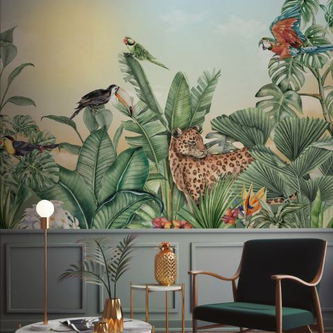 Leopard and Colorful Parrot in the Tropical Forest Wallpaper Mural