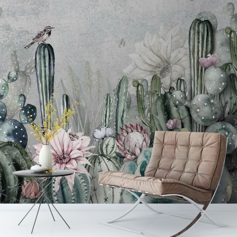 Watercolor Cactus with Flowers Wallpaper Mural
