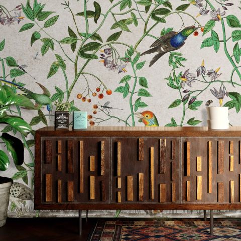 Tropical Green Leaves with Stork and Duck Wallpaper Mural