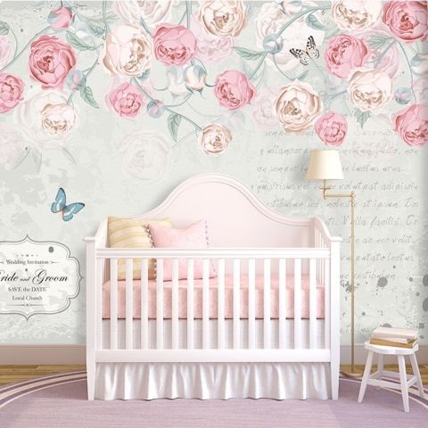 Pink Victorian Vine Flower Wallpaper Mural