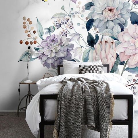 Soft Victorian Floral and Yellow Butterfly Wallpaper Mural
