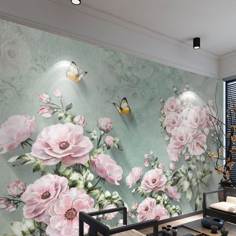 Vintage Pink Floral and Yellow Butterfly Wallpaper Mural