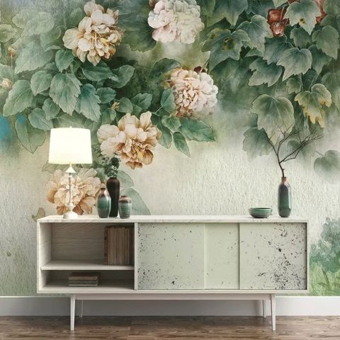 Vintage Floral and Green Leaf Wallpaper Mural