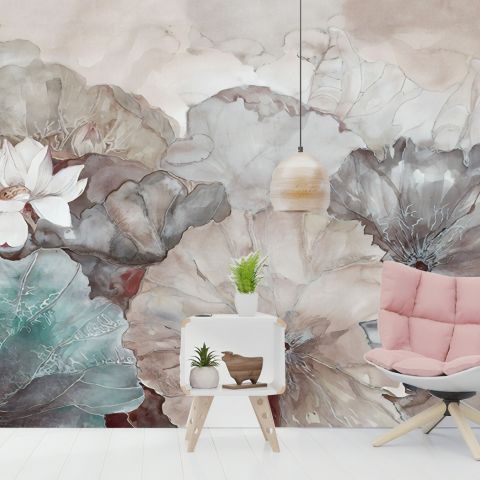 Vintage Floral with Retro Lotus Leaf Wallpaper Mural