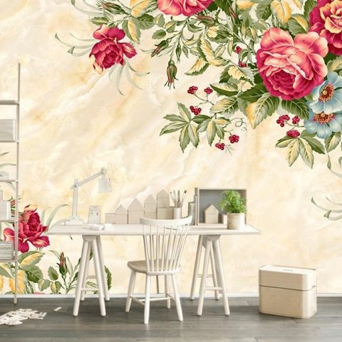 Vintage Pastel Red Floral Wallpaper Mural • Wallmur®