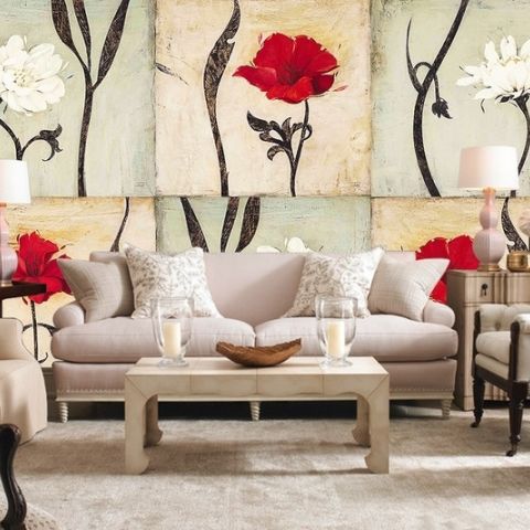 Vintage Red White Floral Wallpaper Mural
