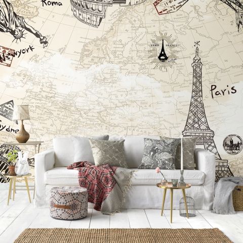 Vintage Map with Eiffel Tower Statue of Liberty Wallpaper Mural