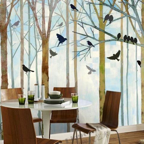 Vintage Abstract Forest and Black Bird Wallpaper Mural