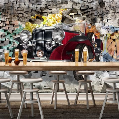 Vintage Car with Graffiti Brick Wallpaper Mural