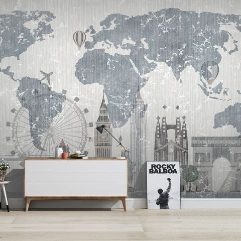Vintage World Map with Old Hot Air Balloon Wallpaper Mural