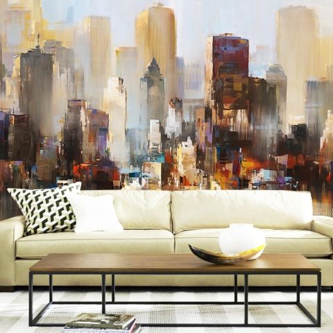Watercolor Dark City Landscape Wallpaper Mural