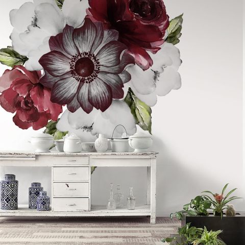 Watercolor Red Rose and Anemone Floral Bouqets Wall Decal Sticker