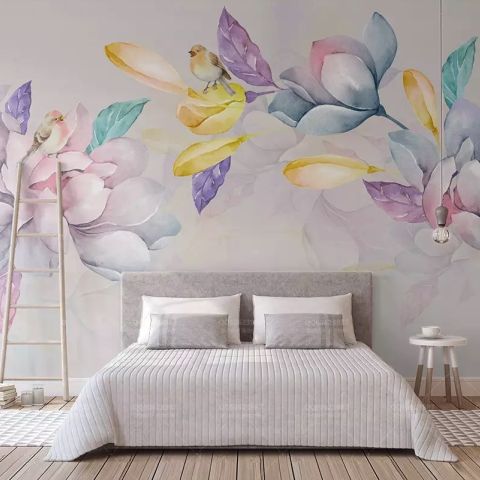 Colorful Magnolia Flowers and Birds Wallpaper Mural