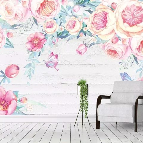 Vintage Watercolor Pink Flowers Wallpaper Mural