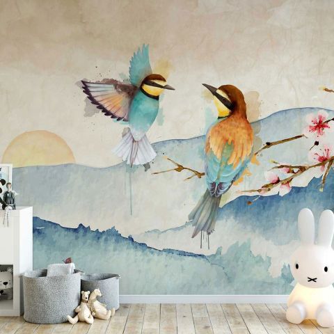 Watercolor Winter Landscape and Colorful Bird Wallpaper Mural