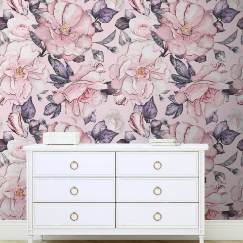 Watercolor Pink Floral Pattern Wallpaper Mural