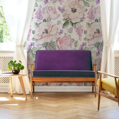 Watercolor Pink Floral Pattern with Wisteria Wallpaper Mural