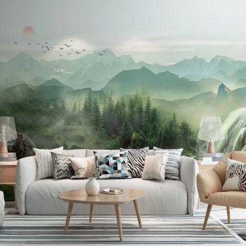 Waterfall with Misty Green Forest Landscape Wallpaper Mural