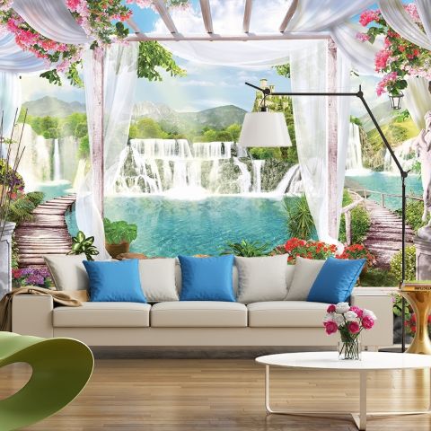 3D Look Waterfall Landscape and Scenic Garden Wallpaper Mural