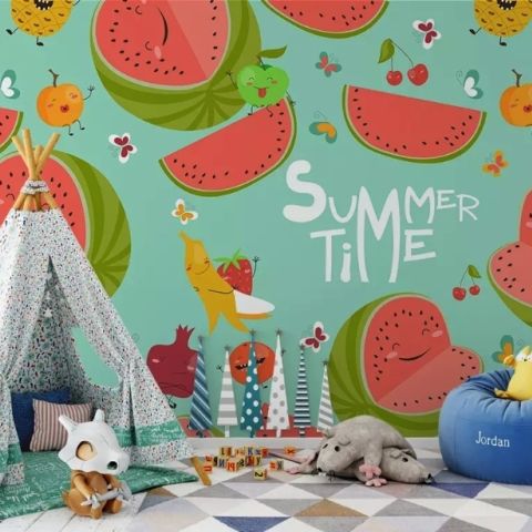 Watercolor Watermelon and Summer Fruits Wallpaper Mural