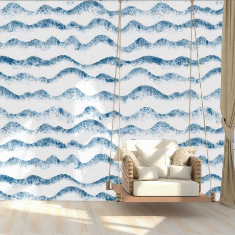 Watercolor Monochrome Blue Wave Wallpaper Mural