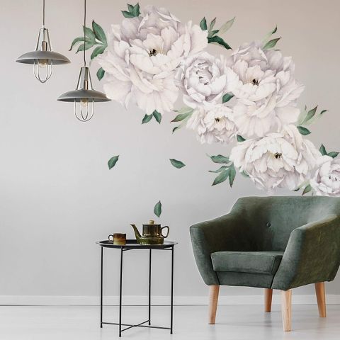 White Peony Floral with Green Leaves Wall Decal Sticker