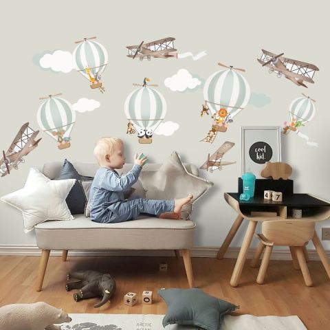 Kids Green Hot Air Balloon and Brown Aircraft with Clouds Wall Decal Sticker