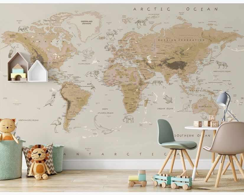Kids Brown Political World Map with Animals Wallpaper Mural main product photo