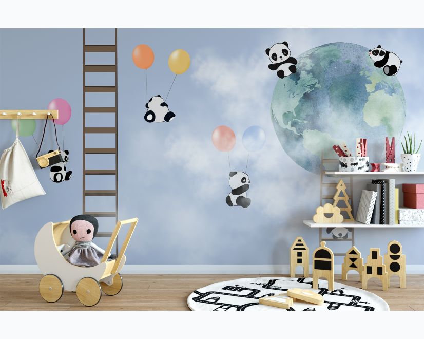 Cartoon Pandas in the Sky Wallpaper Mural main product photo