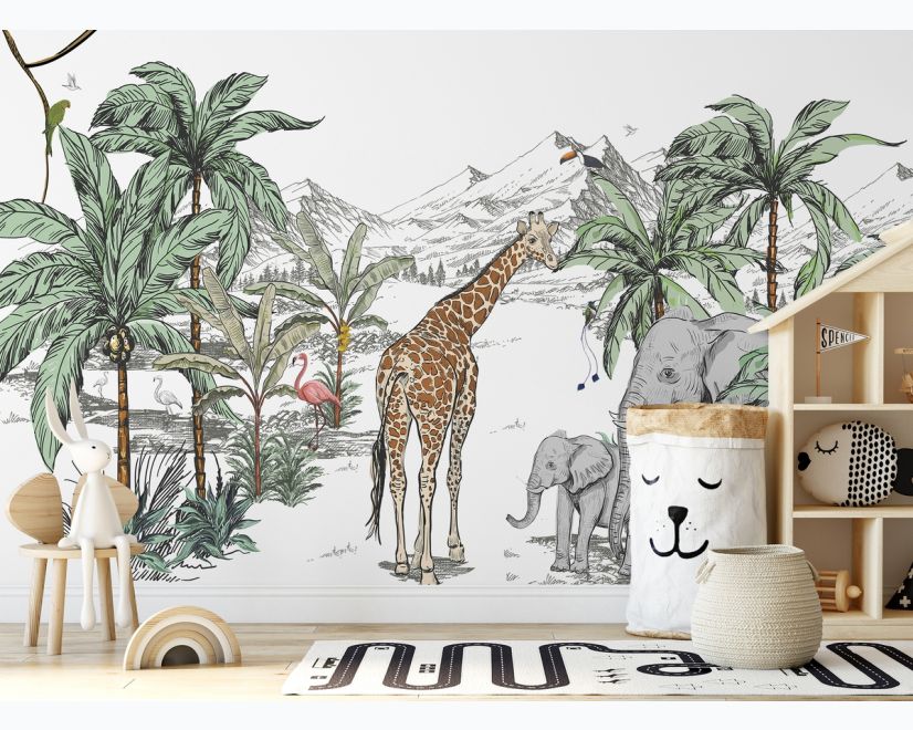 Kids Tropical Animals with Mountain Wallpaper Mural main product photo