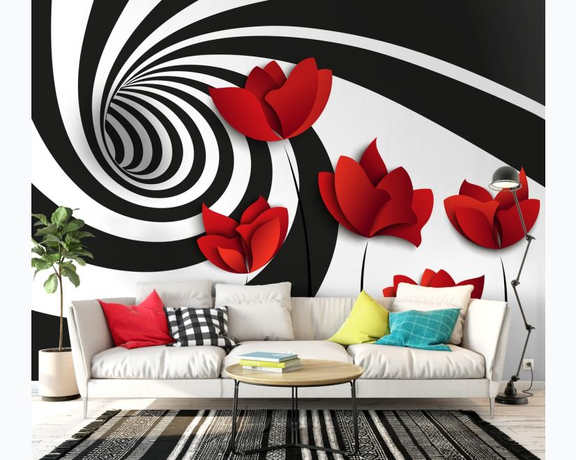 Red Poppy Floral with Abstract Fractal Wallpaper Mural main product photo