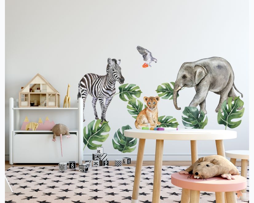 Kids Tropical Animals with Leafs Wall Decal Sticker main product photo