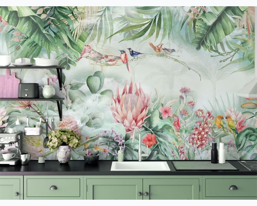 Colorful Tropical Exotic Cactus Floral with Little Birds Wallpaper Mural main product photo