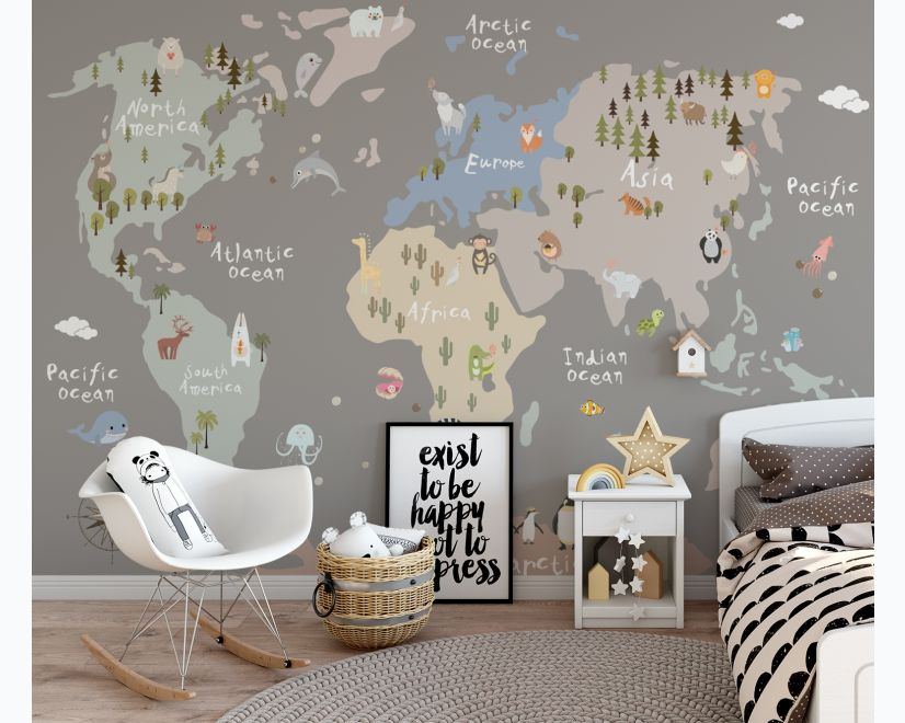 Kids Colorful World Map with Animals Wallpaper Mural main product photo