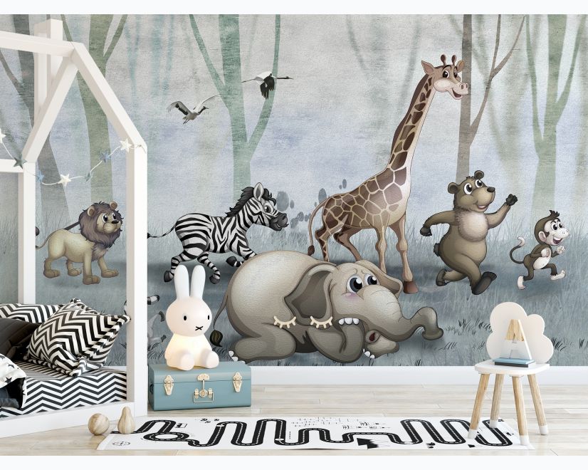 Cartoon Wild Animals and Forest Wallpaper Mural main product photo