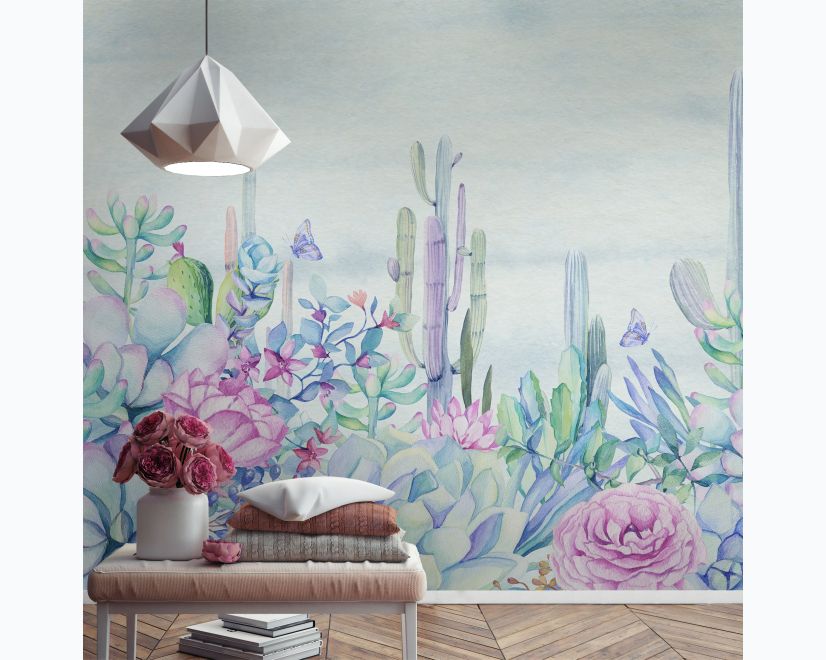 Vintage Hydrangea Flowers and Cactuses Wallpaper Mural main product photo