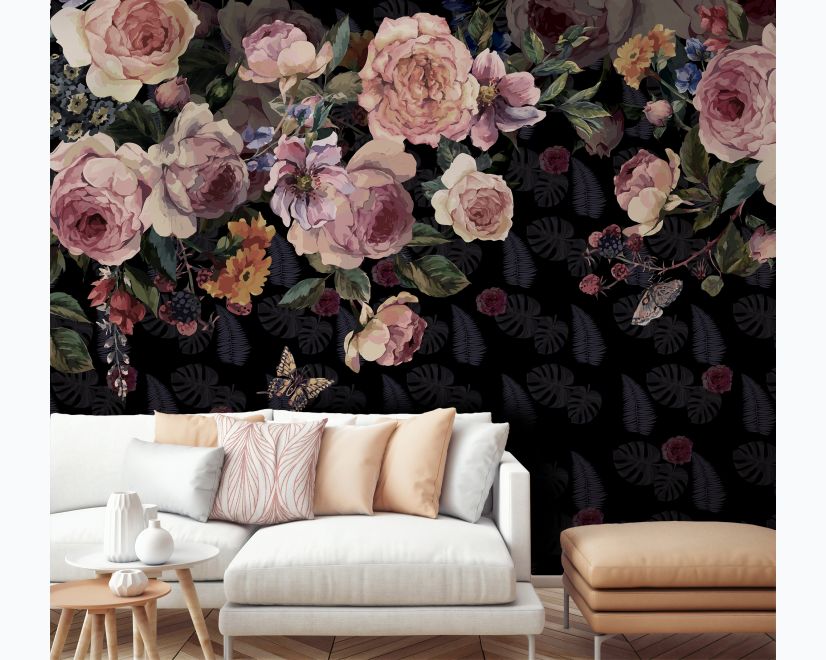 Vintage Dark Pink Flowers Wallpaper Mural main product photo