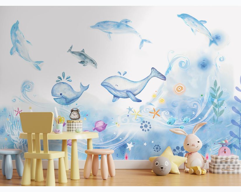 Cartoon Undersea and Whales Wallpaper Mural main product photo
