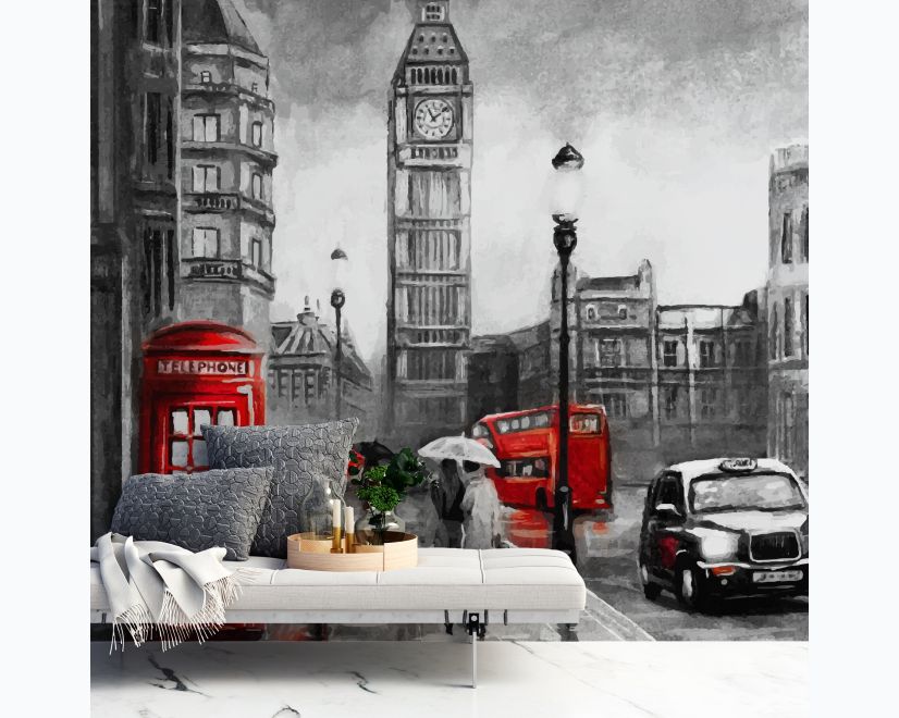Monochrome Charcoal City Landscape and Red Bus Wallpaper Mural main product photo