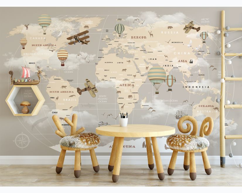 Beige Kids World Map with Hot Air Balloon Wallpaper Mural main product photo