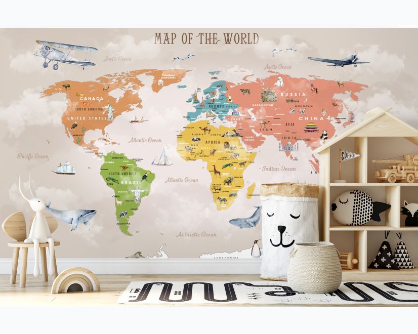 Colorful Kids World Map Wallpaper Mural main product photo