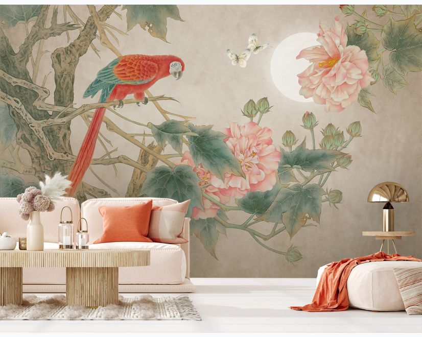 Nostalgic Peony Blossom and Parrot Wallpaper Mural main product photo